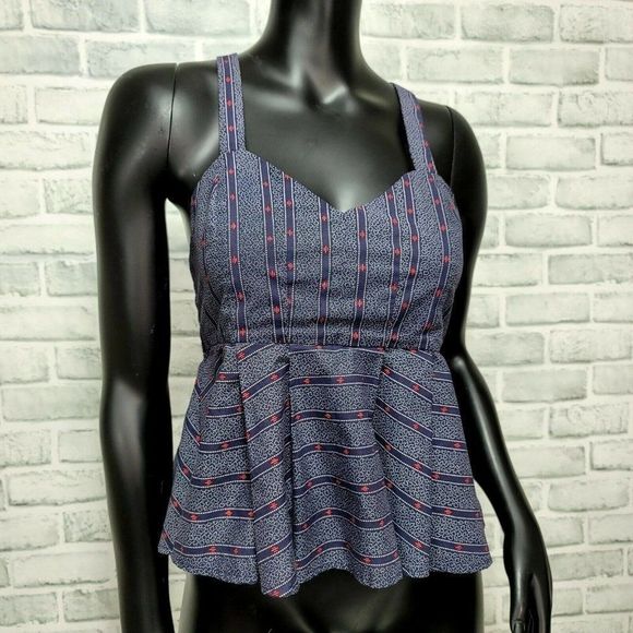 1.State S Cross‎ Back Peplum Tank Top Sleeveless Blouse Navy Blue Red Pattern - Picture 1 of 8